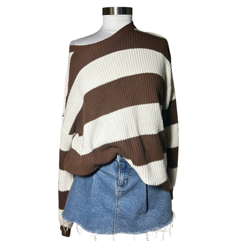 Y2K Hollister Striped Knit Sweater Small Brown White Oversized Pullover Beach